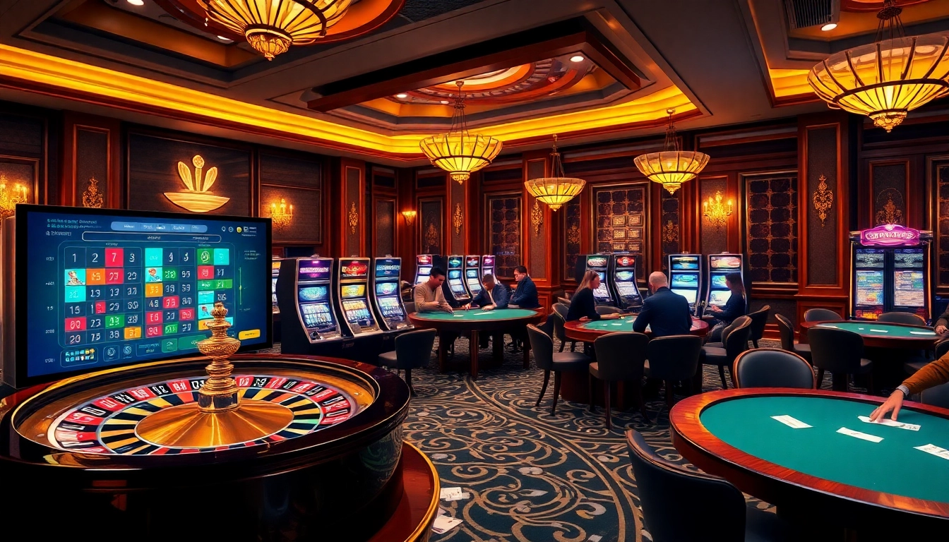 Gambling enthusiasts enjoying their experience at https://luckywin.vin/ with vibrant casino visuals, roulette, and poker tables.