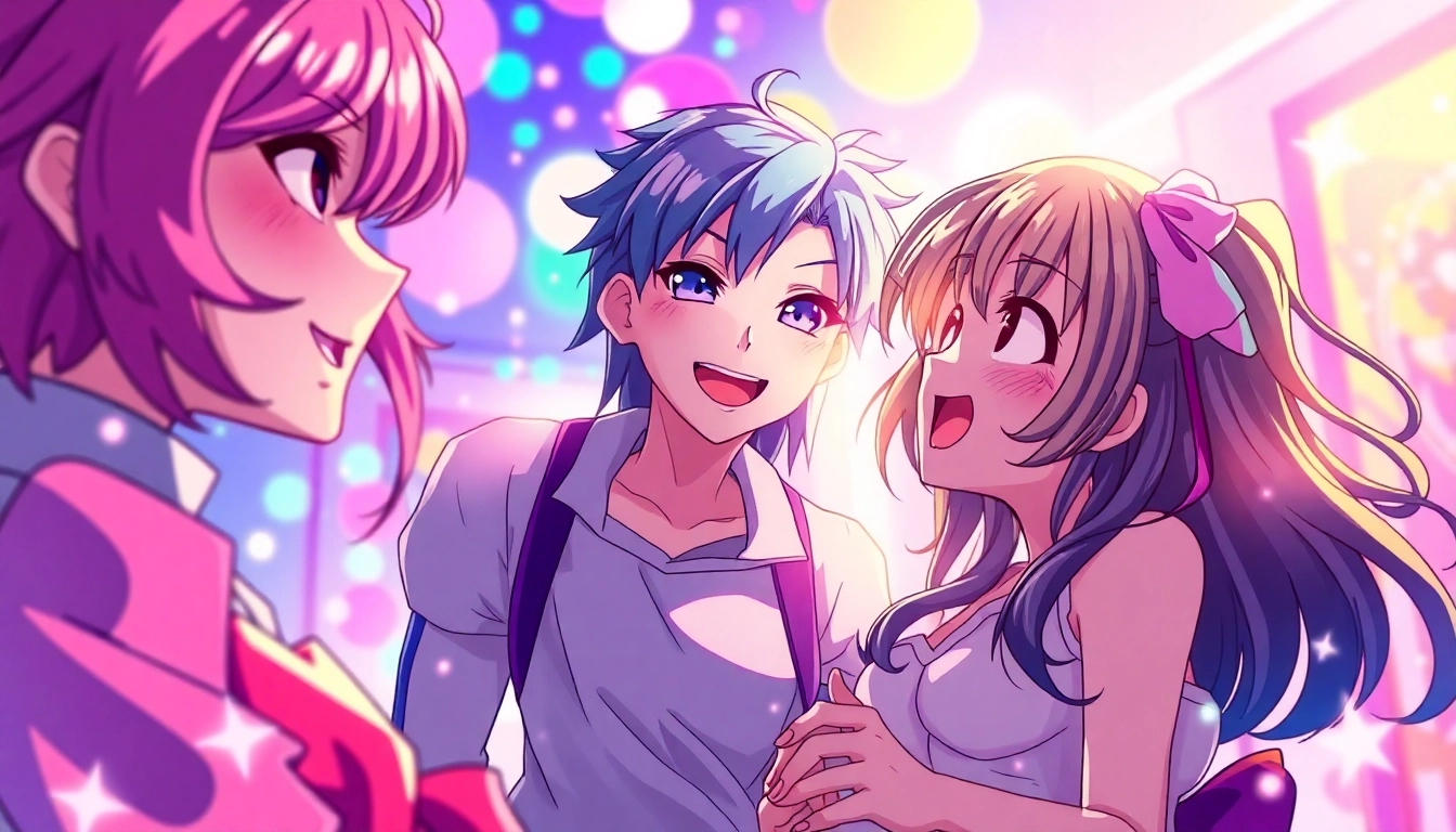 Anime sex scene featuring playful anime characters in a colorful, vibrant setting.