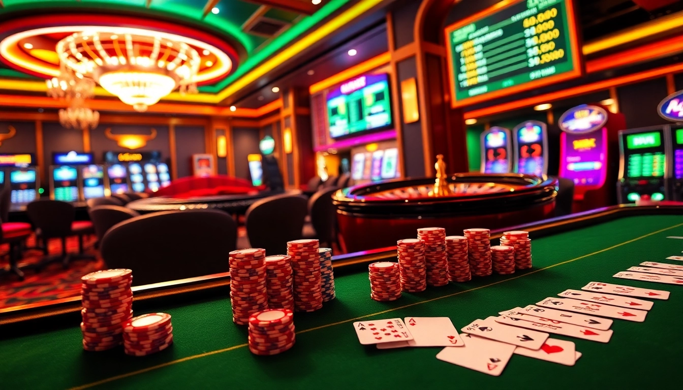 Experience the excitement of SKY88 casino gaming with dynamic tables, colorful chips, and vibrant slot machines.