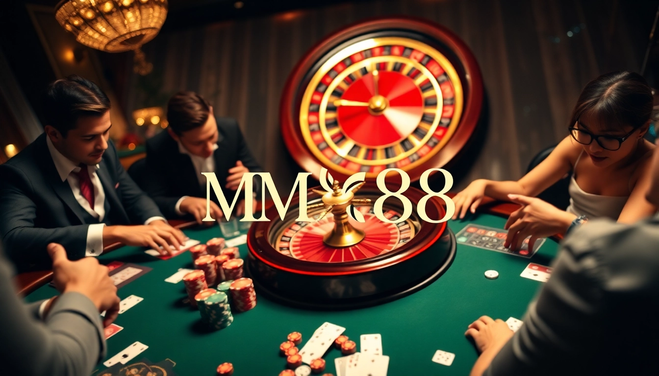 Players enjoying poker at MM88 casino with chips and cards on a stylish table.