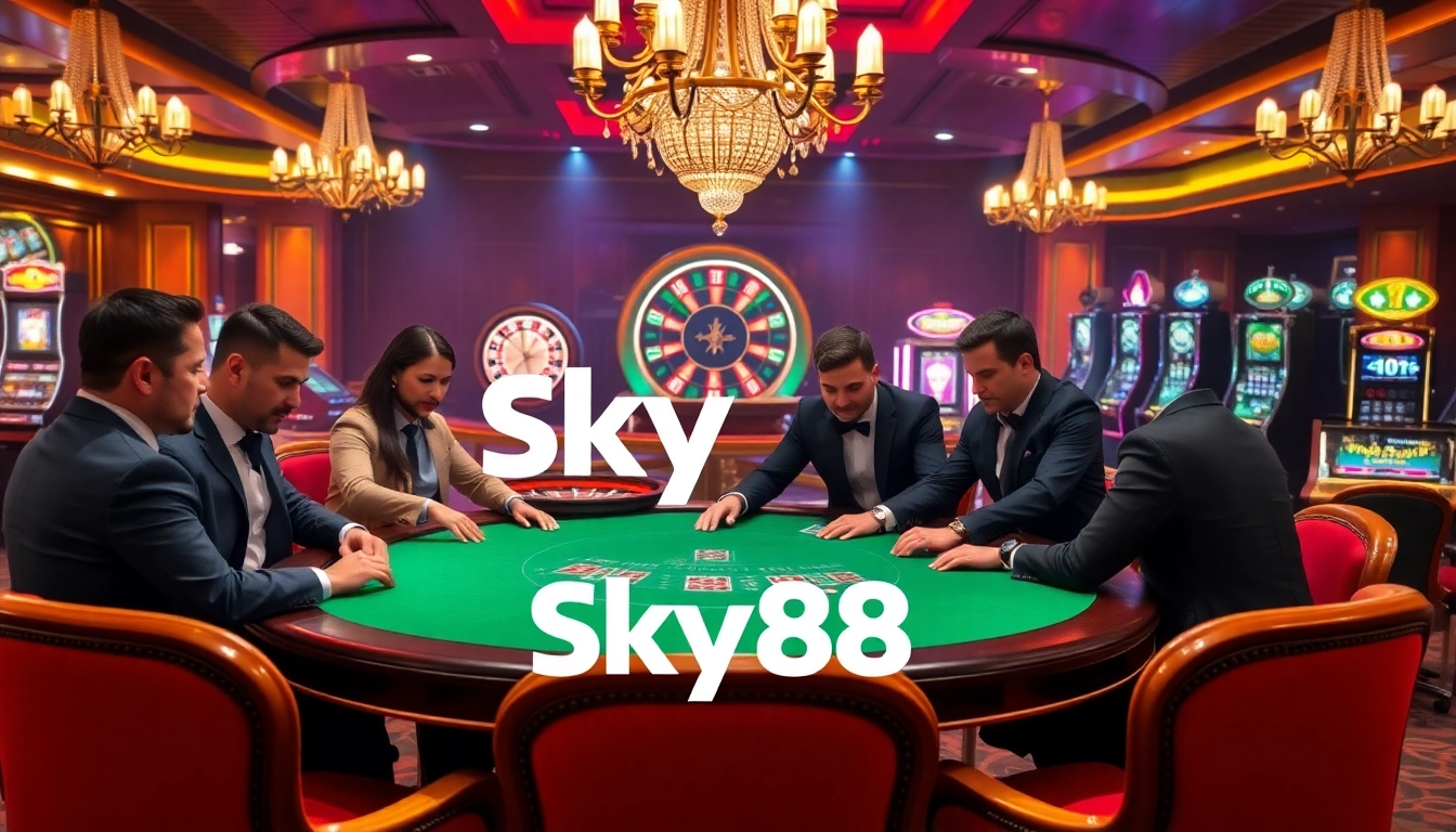 Experience the thrill of Sky88 with professional gamblers at a luxurious casino table.