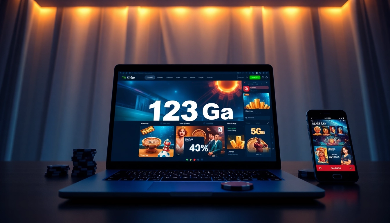Engaging online betting scene featuring 123Ga brand elements, showcasing casino games and smartphone app.