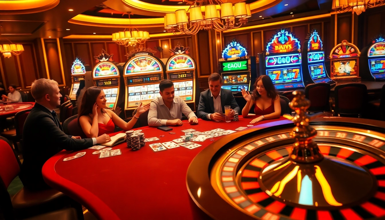 Experience excitement at 555win com with players enjoying poker, lively slot machines, and a spinning roulette wheel.