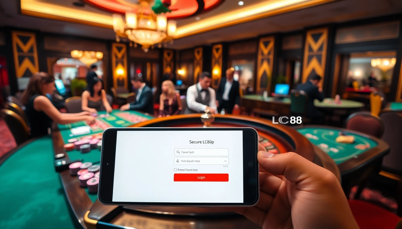 Experience secure Đăng Nhập LC88 with a luxurious casino atmosphere showcasing gambling action.