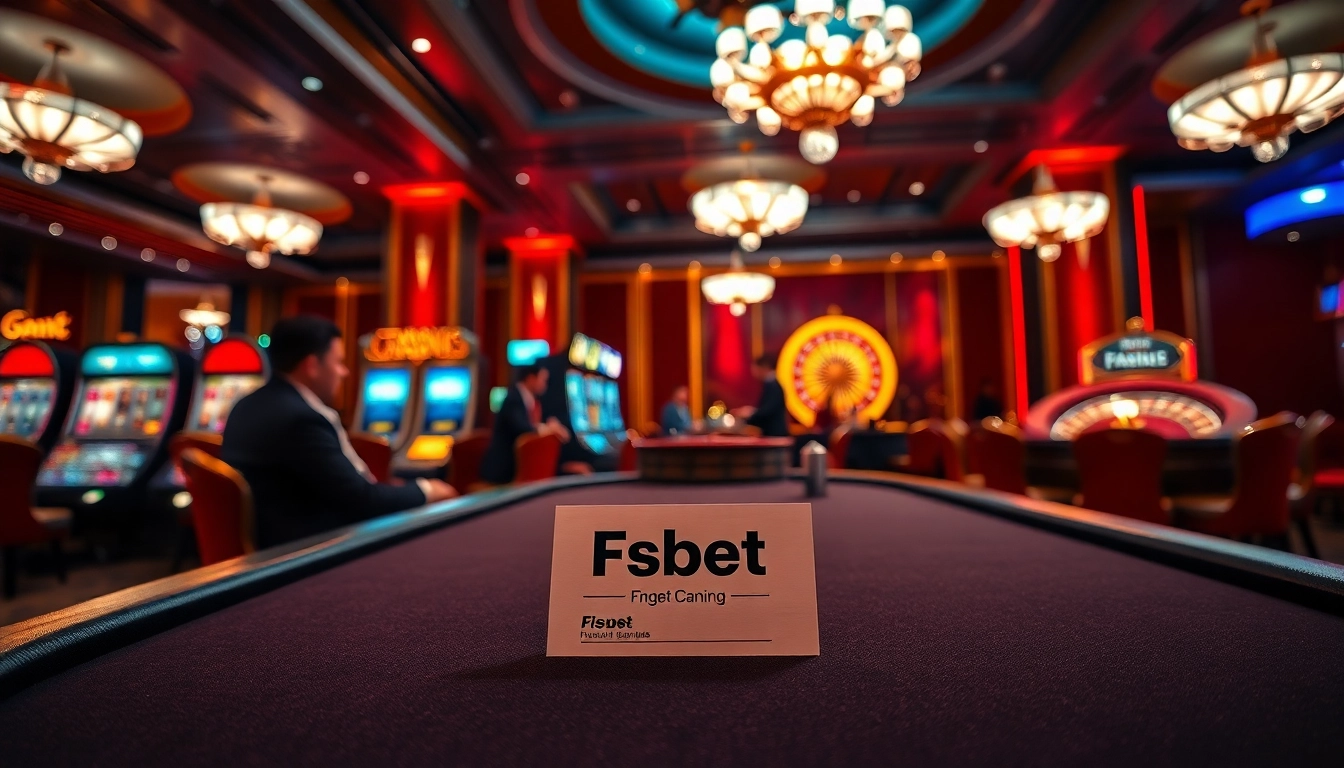 Experience the thrill of Fsbet with a high-stakes poker game illuminated in an elegant casino.