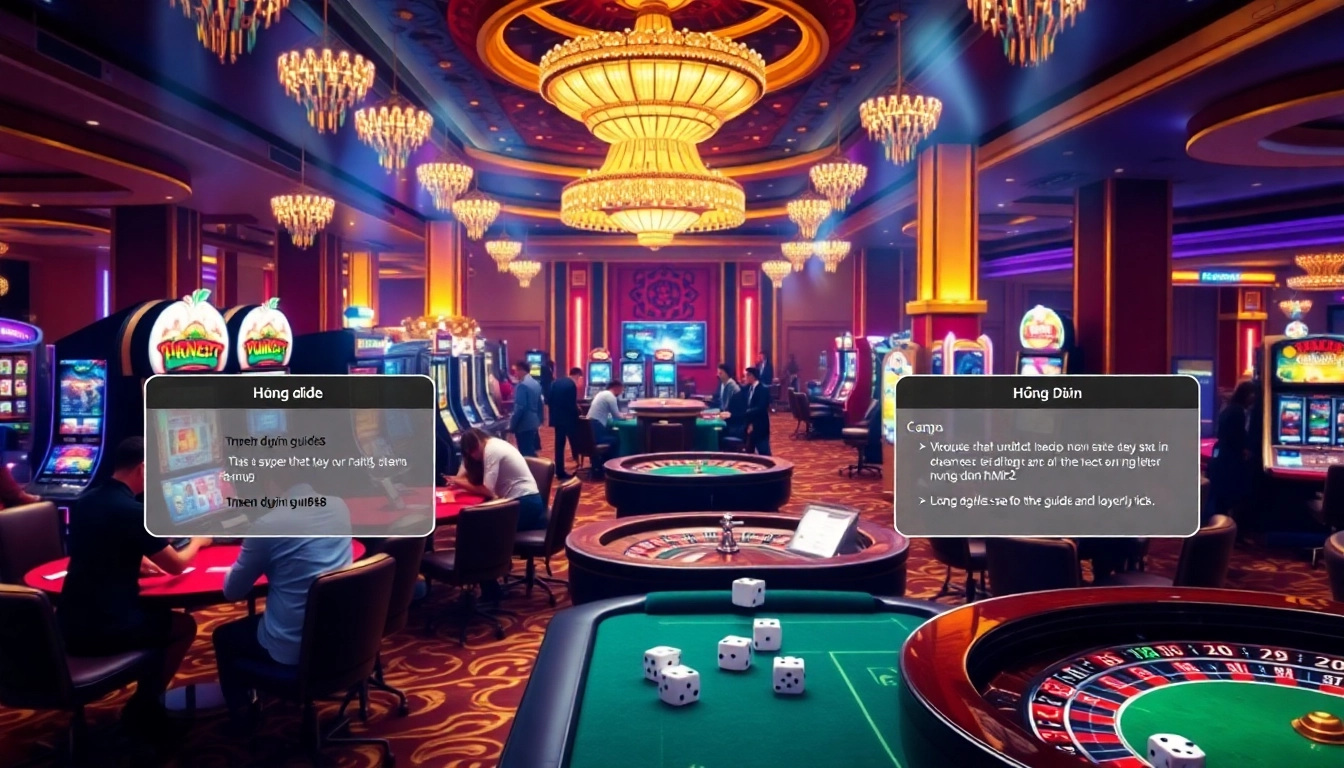 Engaging casino scene illustrating Hướng Dẫn HM88 with players at tables, showing excitement and expert tips.