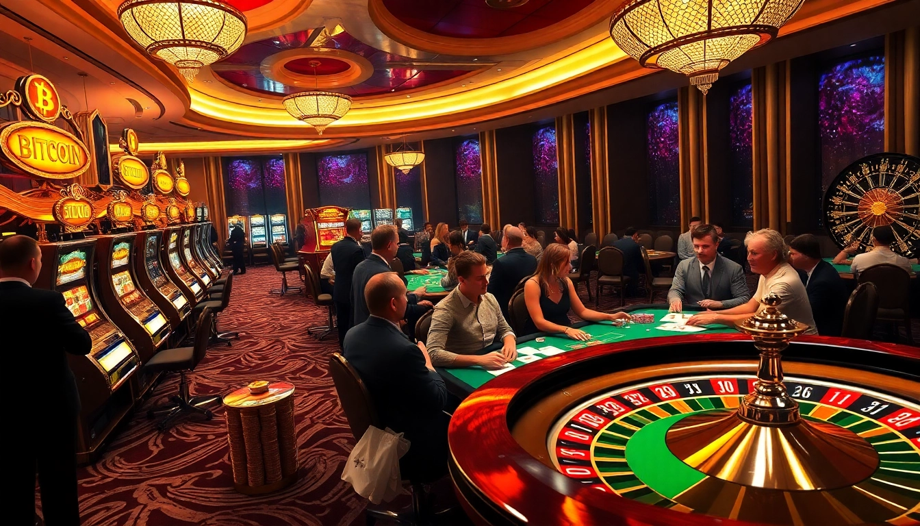 Experience the thrill of Bitcoin casinos with players engaging at a lively poker table and vibrant slot machines.