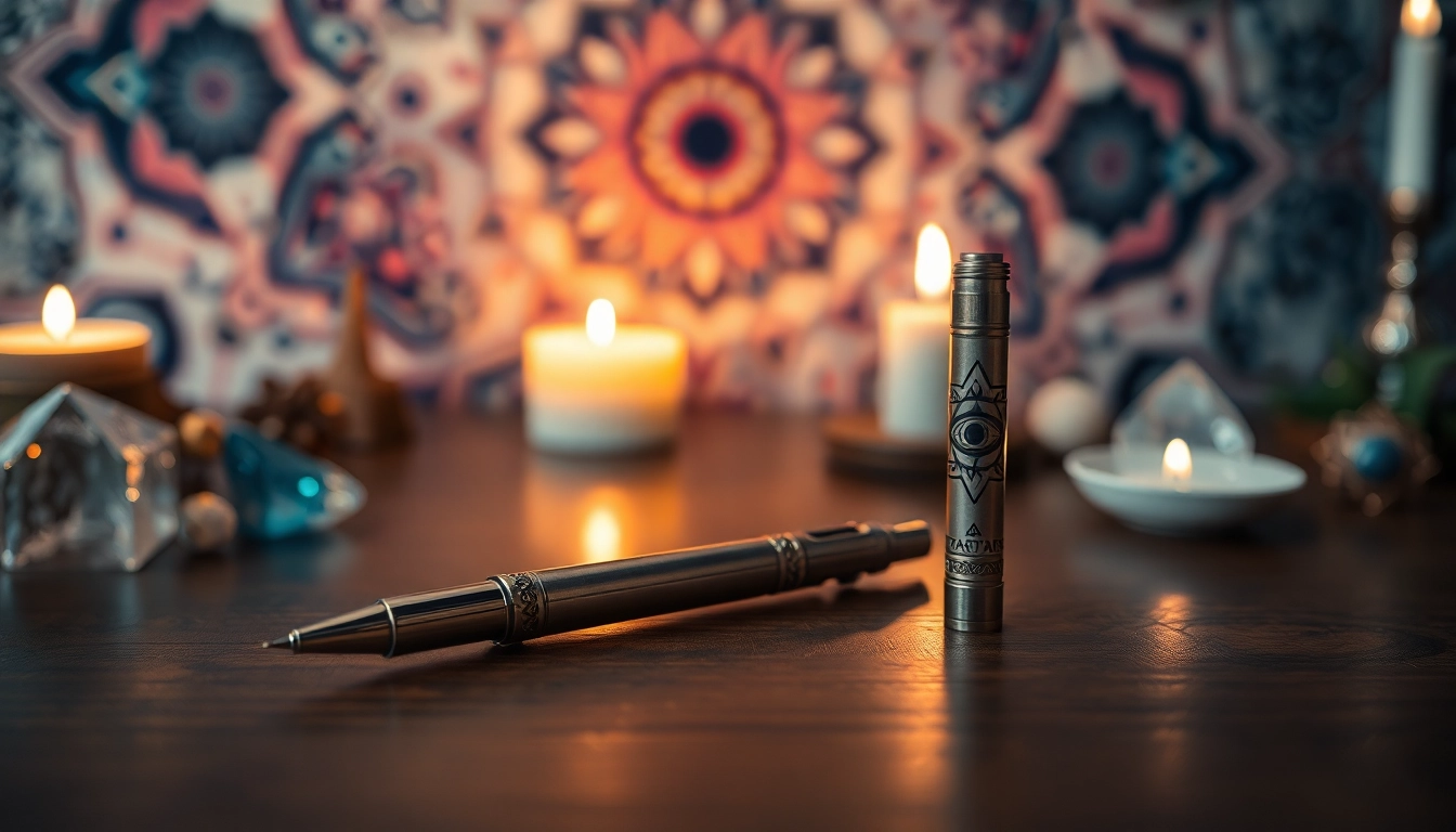 A third eye dmt pen elegantly placed on a wooden surface surrounded by crystals and candles.