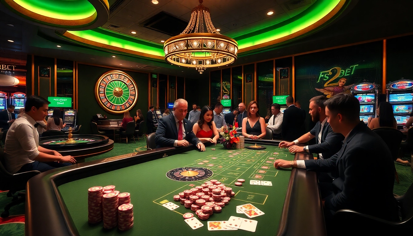 Experience excitement at Fsbet's luxurious casino gaming tables filled with vibrant chips and cards.