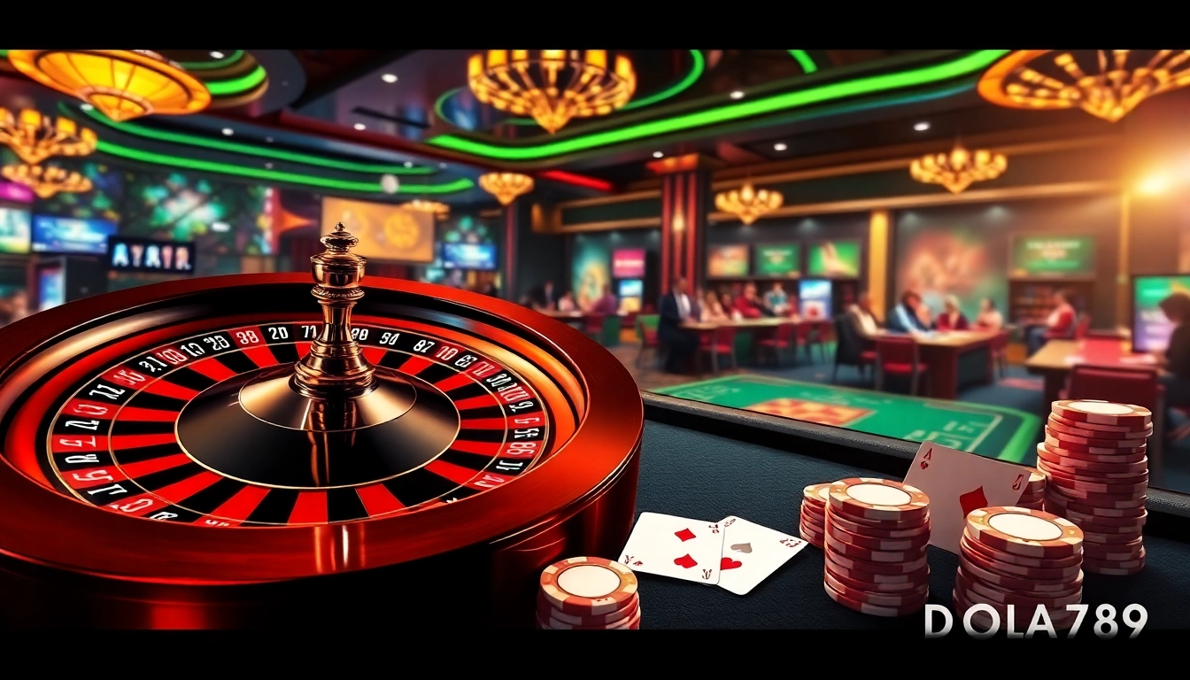 Experience the thrill of online gaming at Nhà cái DOLA789 with a vibrant casino scene featuring roulette, cards, and chips.
