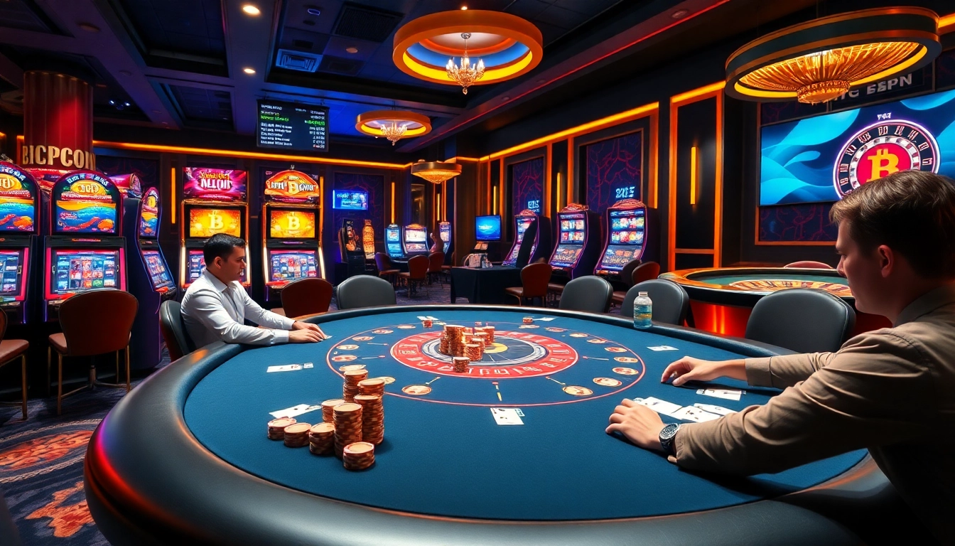 Featuring Bitcoin casinos, a vibrant high-stakes poker scene with players, chips, and cards in a luxurious setting.