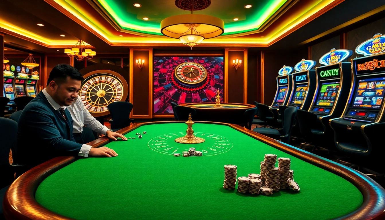 Players enjoying a thrilling poker game at 88CLB casino with vibrant tables and roulette wheel.