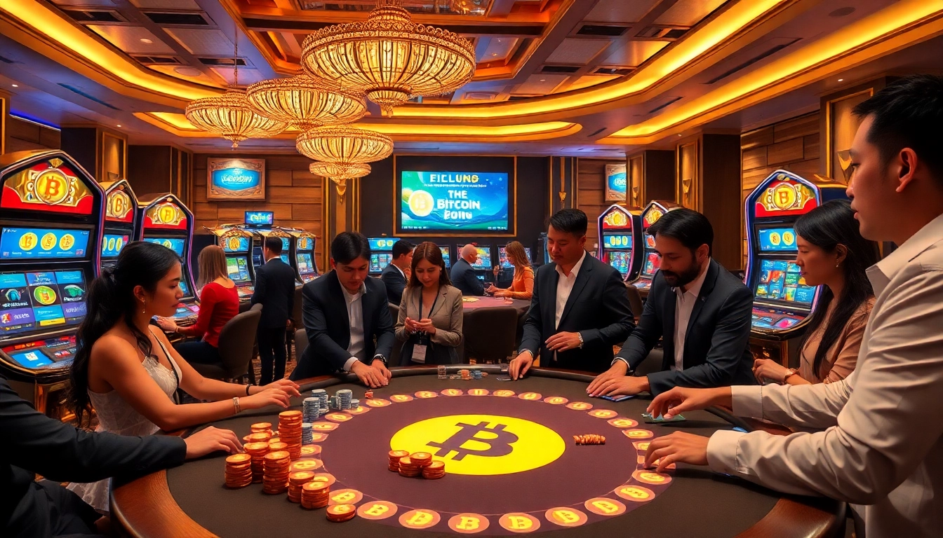 Players enjoying games at Bitcoin casinos with vibrant slot machines and poker chips.