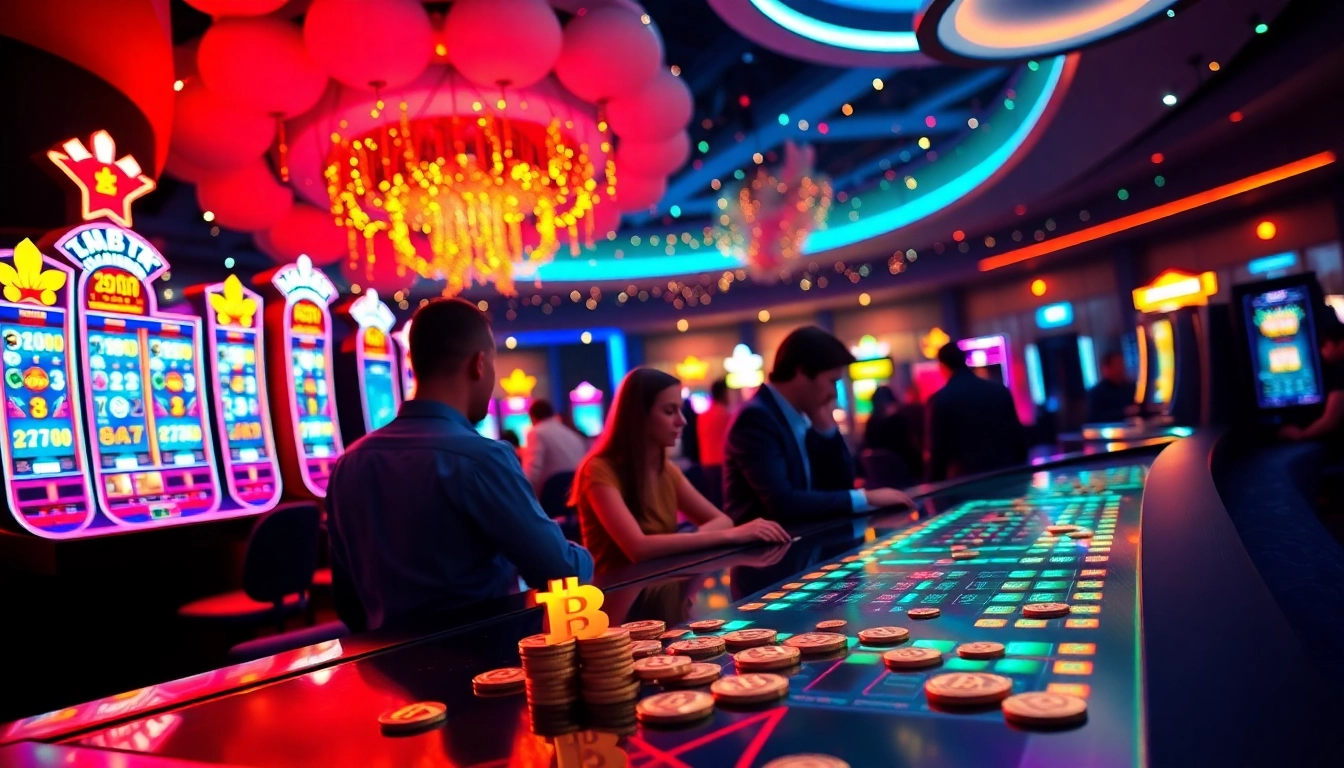 Joueurs excitants au btc casino avec des machines à sous numériques colorées et une atmosphère festive.