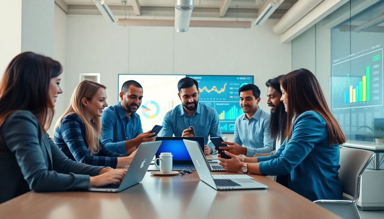Innovative digital marketing team collaborating in a bright office setting.