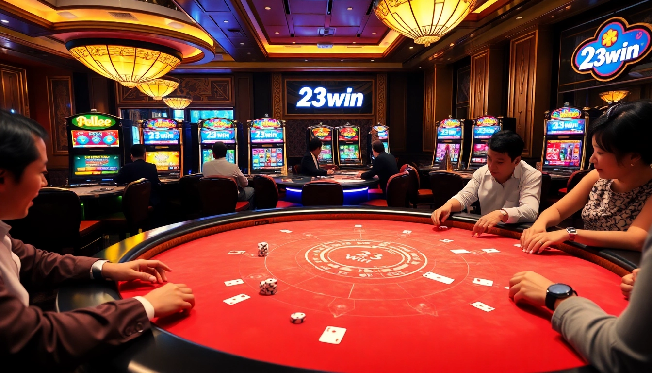 Players enjoying a thrilling gaming experience at 23win casino with vibrant slots and poker tables.