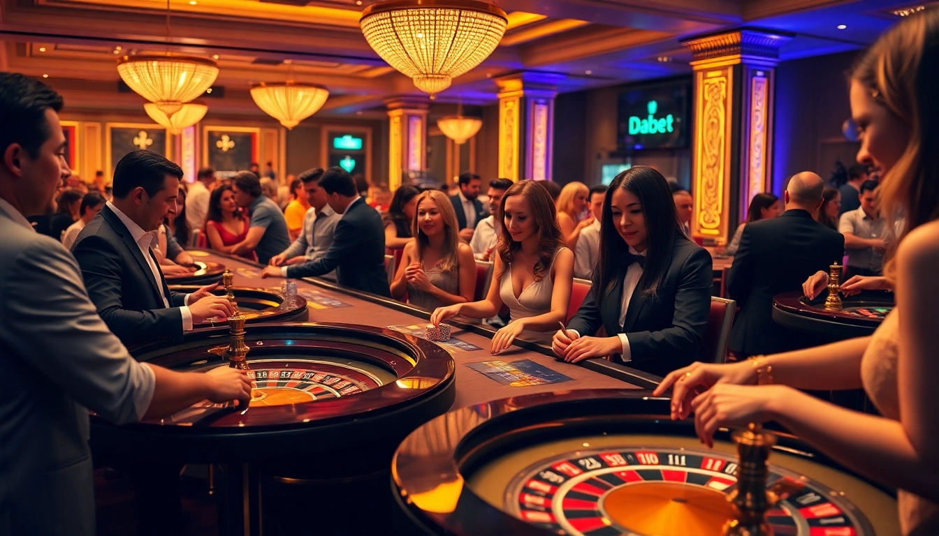 Dabet casino scene with engaged players and vibrant roulette tables showcasing excitement and professionalism.