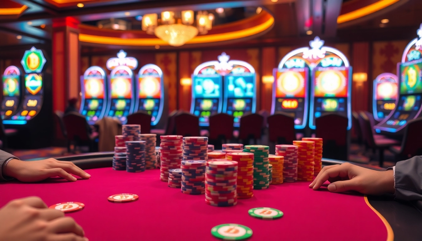 Exciting Bitcoin casinos featuring poker action and vibrant slot machines in luxury atmosphere.