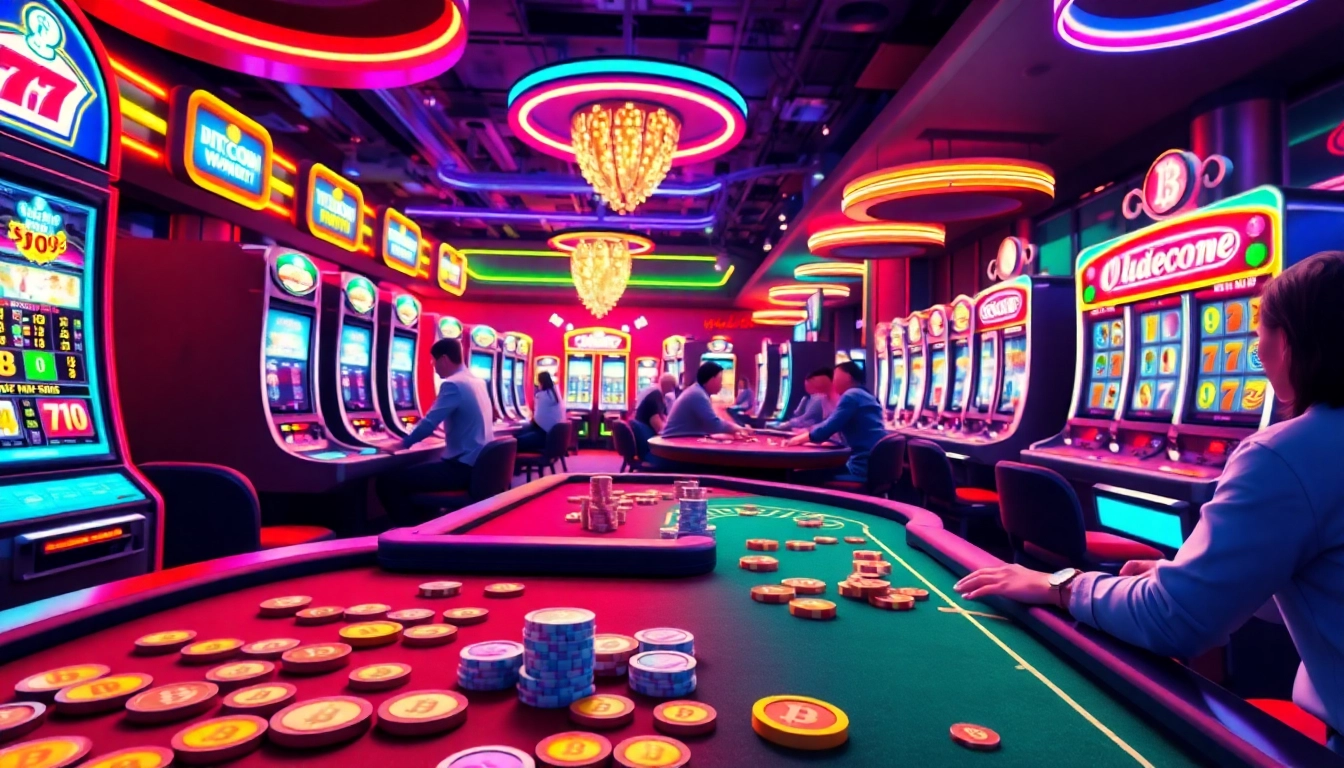 Découvrez des joueurs s'amusant dans un btc casino animé avec des machines à sous et des jeux de cartes.