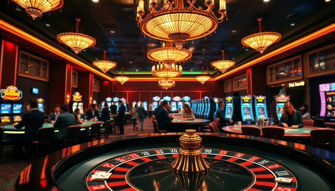 Jouer à des jeux dans un casino en ligne argent réel avec des lumières et une ambiance festive.