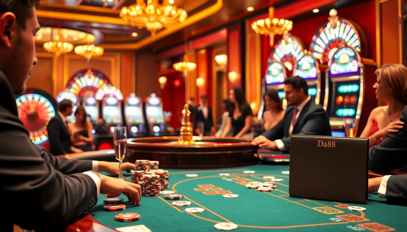 Players enjoying a thrilling poker game at a luxury casino, featuring Da88 branding on the card holder.