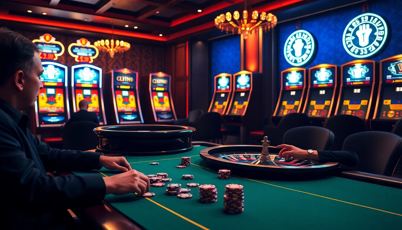 Des joueurs profitant d'un jeu de casino crypto palpitant avec des jetons de poker colorés et une roue de roulette