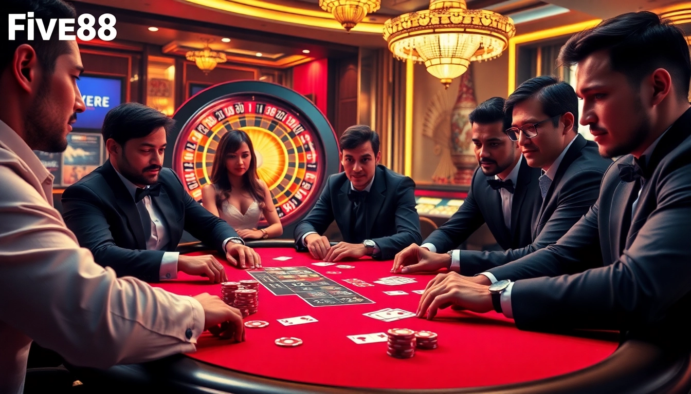 Five88 poker players engage in a thrilling game at an opulent casino table.
