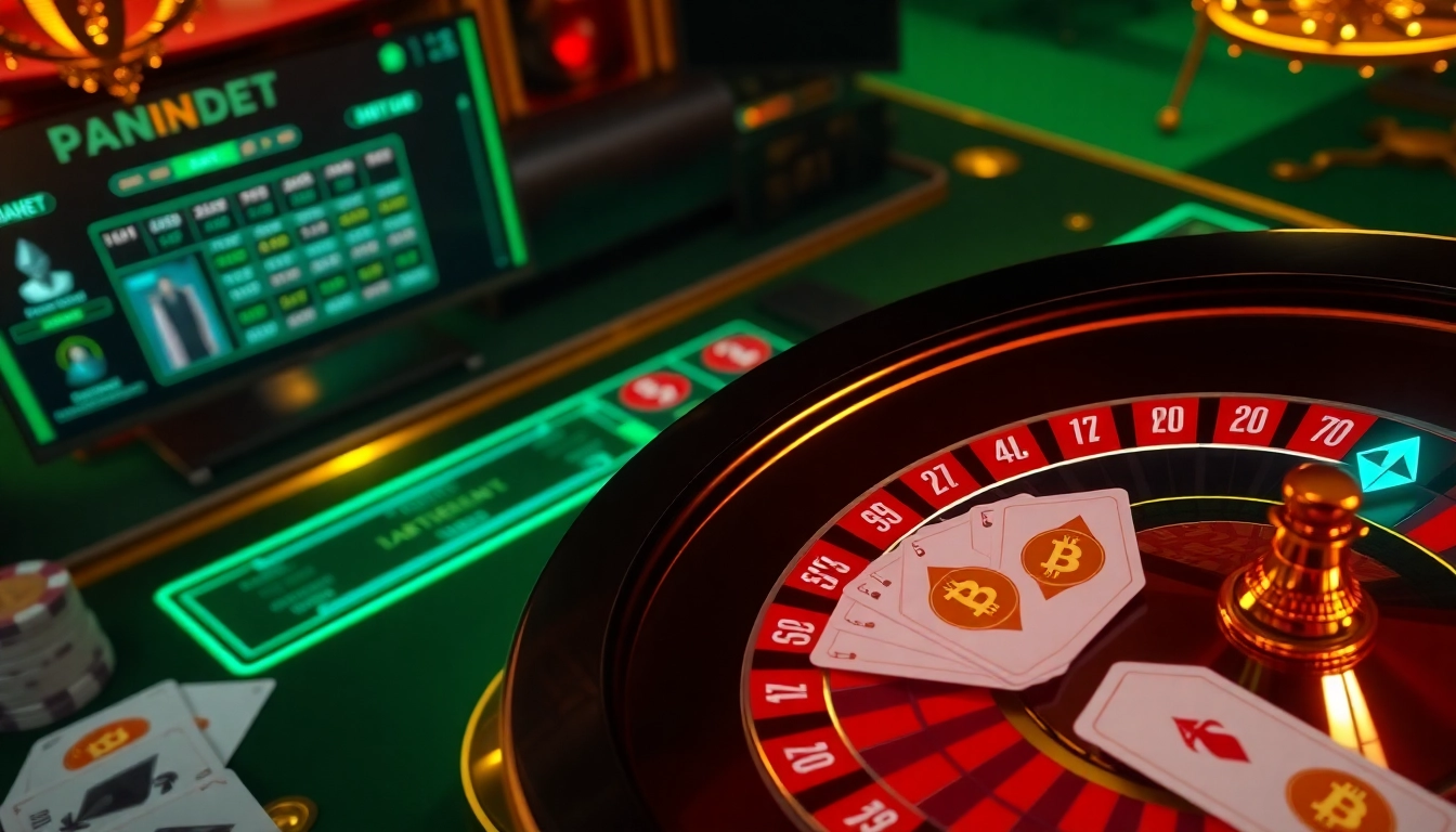 Scène de jeu de casino crypto passionnante avec roulette numérique, cartes et tickets de pari.