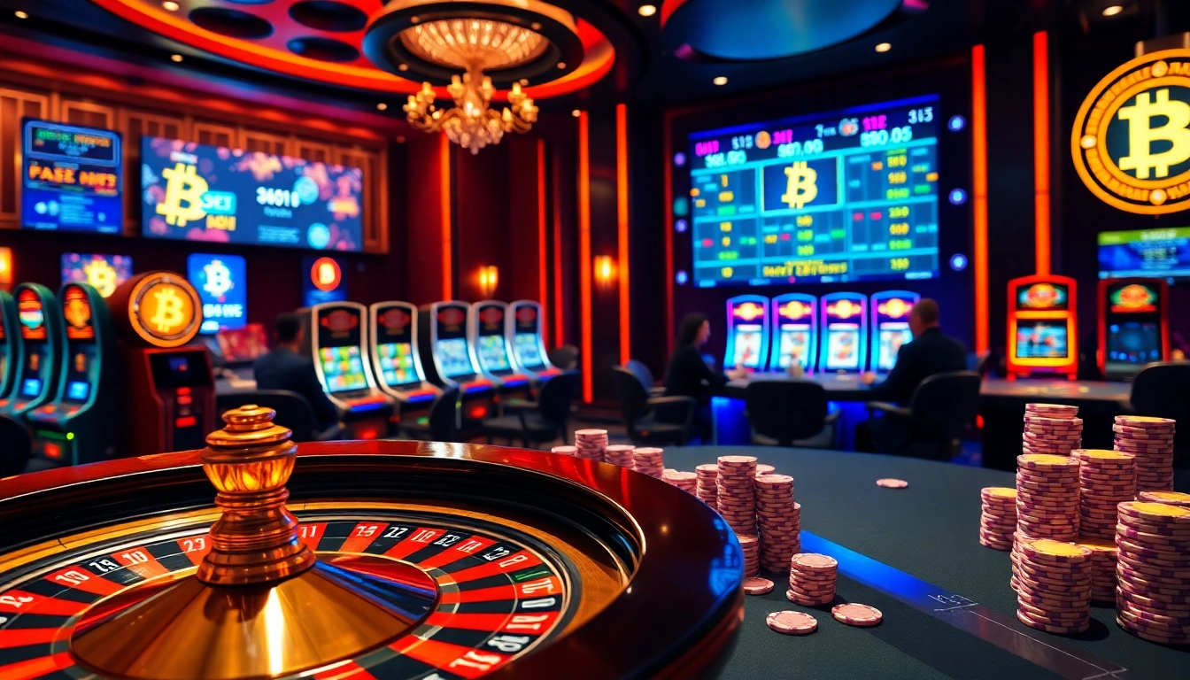 Exciting gameplay at Bitcoin casinos with roulette, poker chips, and vibrant slot machines.
