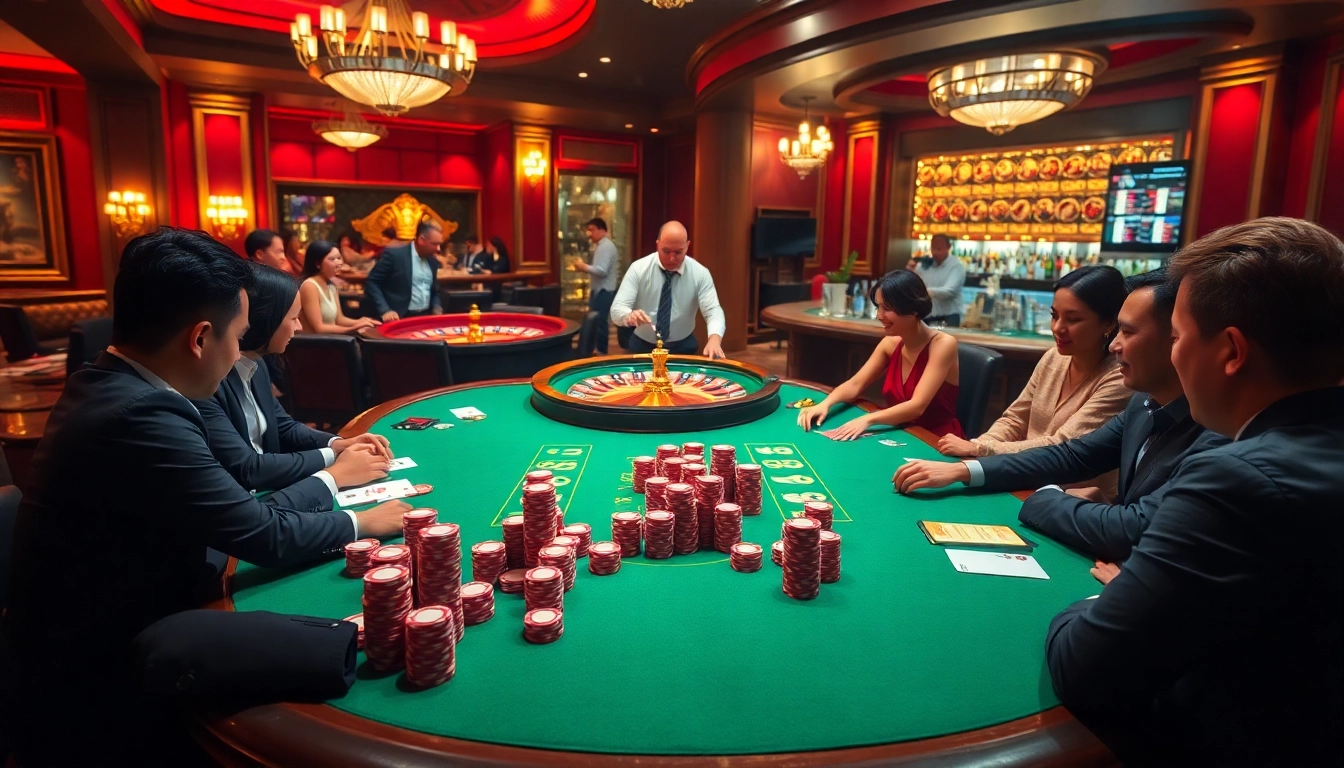 Experience the thrill of gambling at Nhà cái GAVIP999 with an exciting casino scene filled with poker chips and roulette wheels.