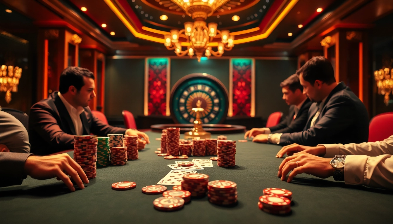 Fabet's luxurious poker table scene, showcasing high-stakes gameplay with vibrant chips and cards.