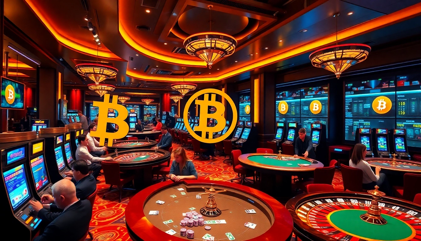 Gamblers enjoying their experience at Bitcoin casinos with engaging tables and slot machines.