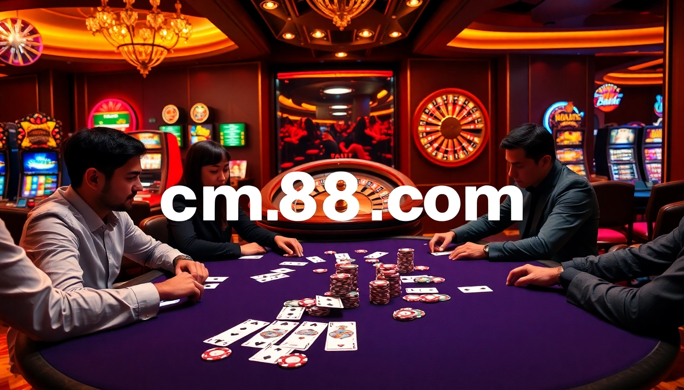 Experience the thrilling gaming atmosphere at cm88.com with players engaged at a poker table.