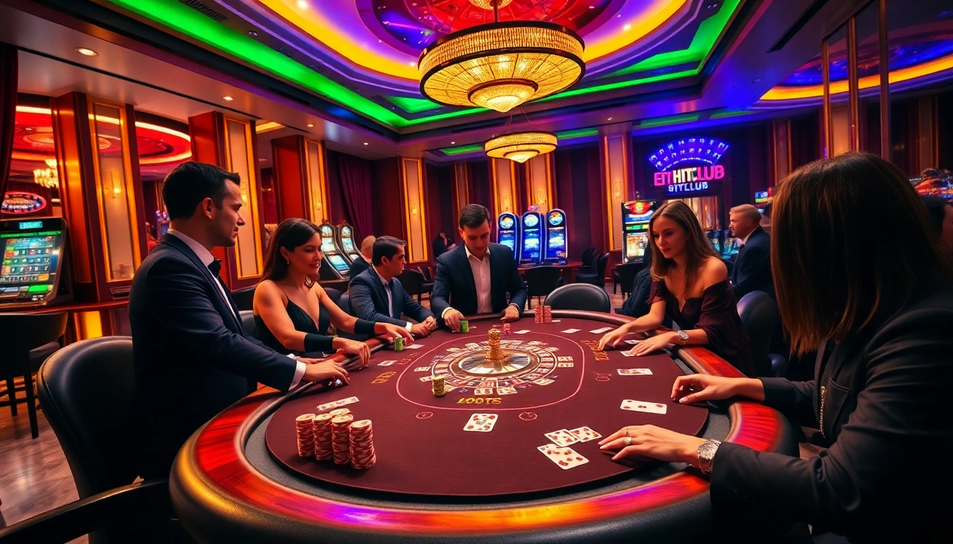 Experience high-stakes poker at HITCLUB, showcasing vibrant casino elements and elegant players.