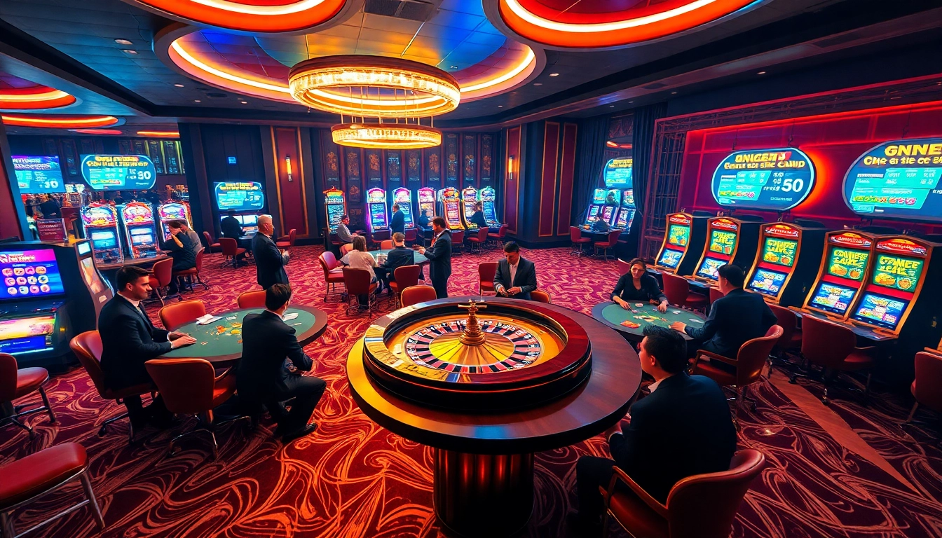 Exciting scene of gambling with roulette, poker, and slot machines illustrating S8 experience.