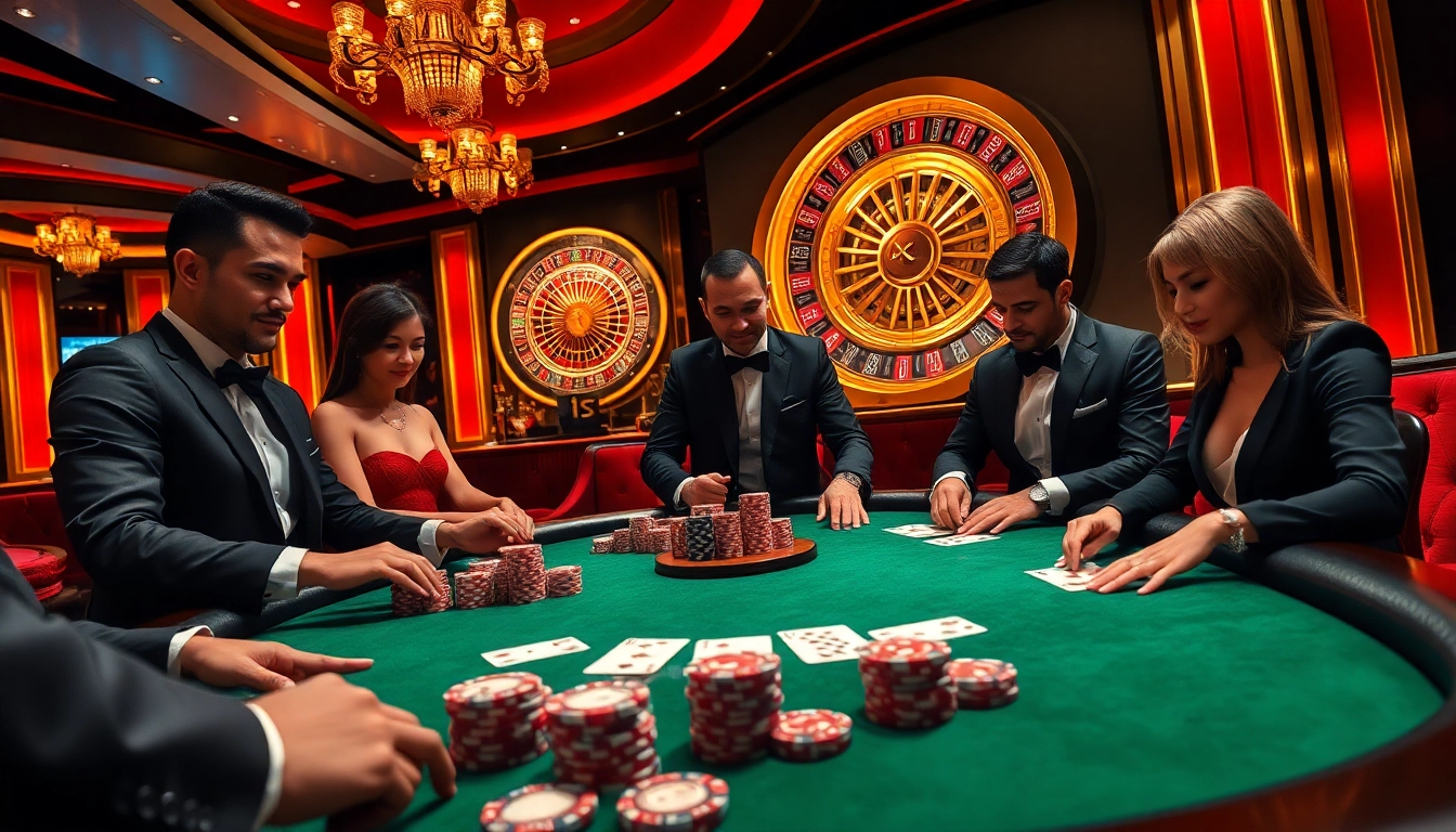 Gamblers experience high-stakes poker excitement at Cwin-themed casino table, showcasing chips and cards.