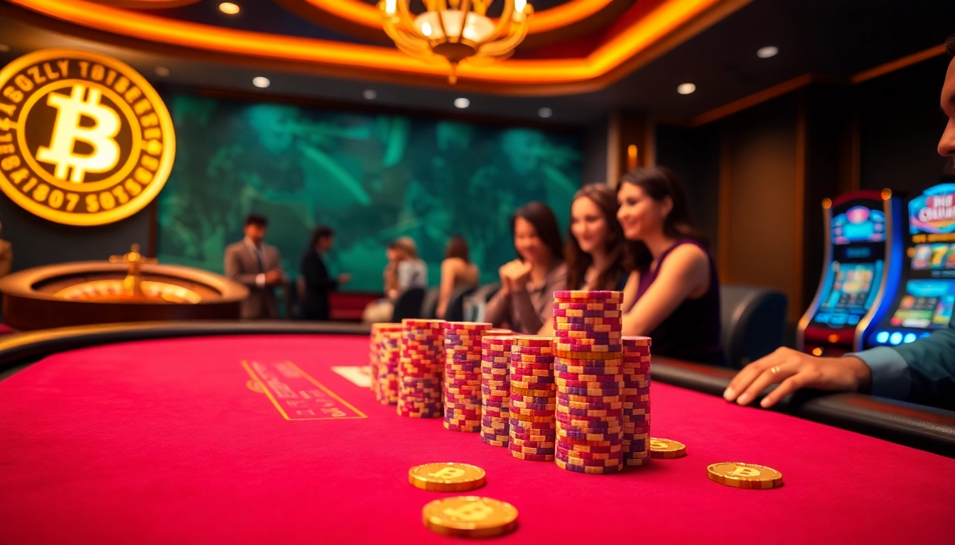 Experience the thrill of Bitcoin casinos at a luxurious poker and roulette setting.