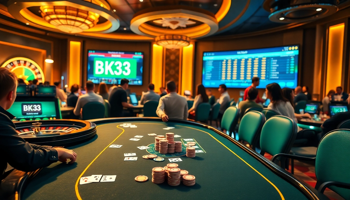 Bk33 casino scene with players engaging at card tables and a roulette wheel, showcasing excitement and luxury.