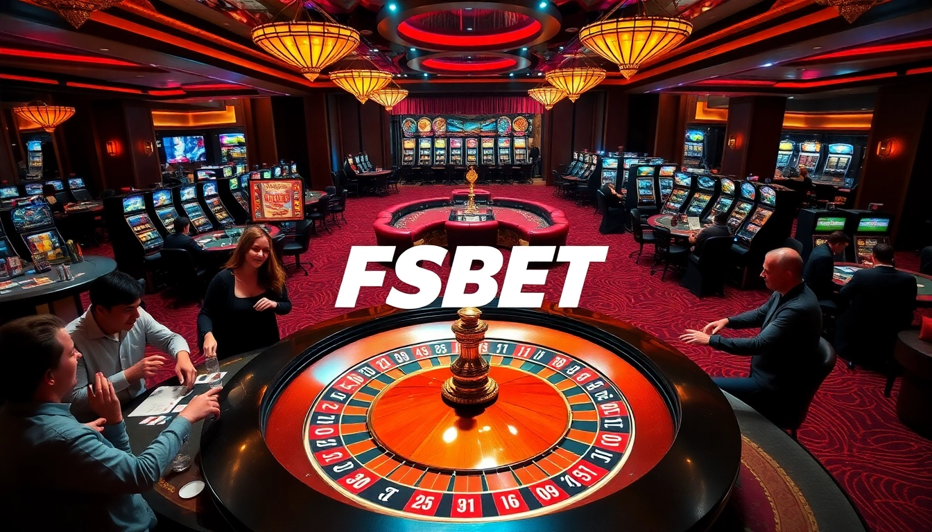 FSBET Casino featuring an elegant roulette wheel, vibrant poker tables, and luxurious decor.