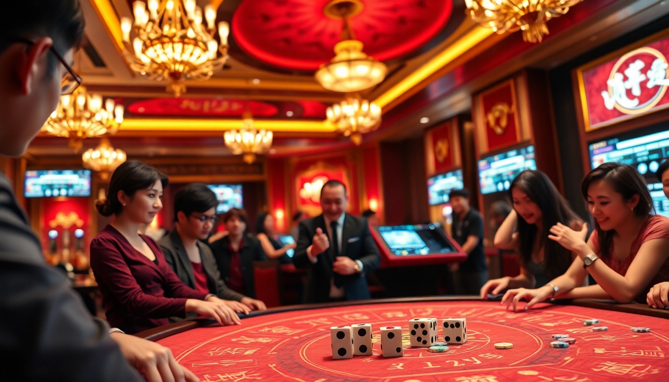 Experience the excitement of tai xiu at a luxurious casino table filled with vibrant colors and engaging players.