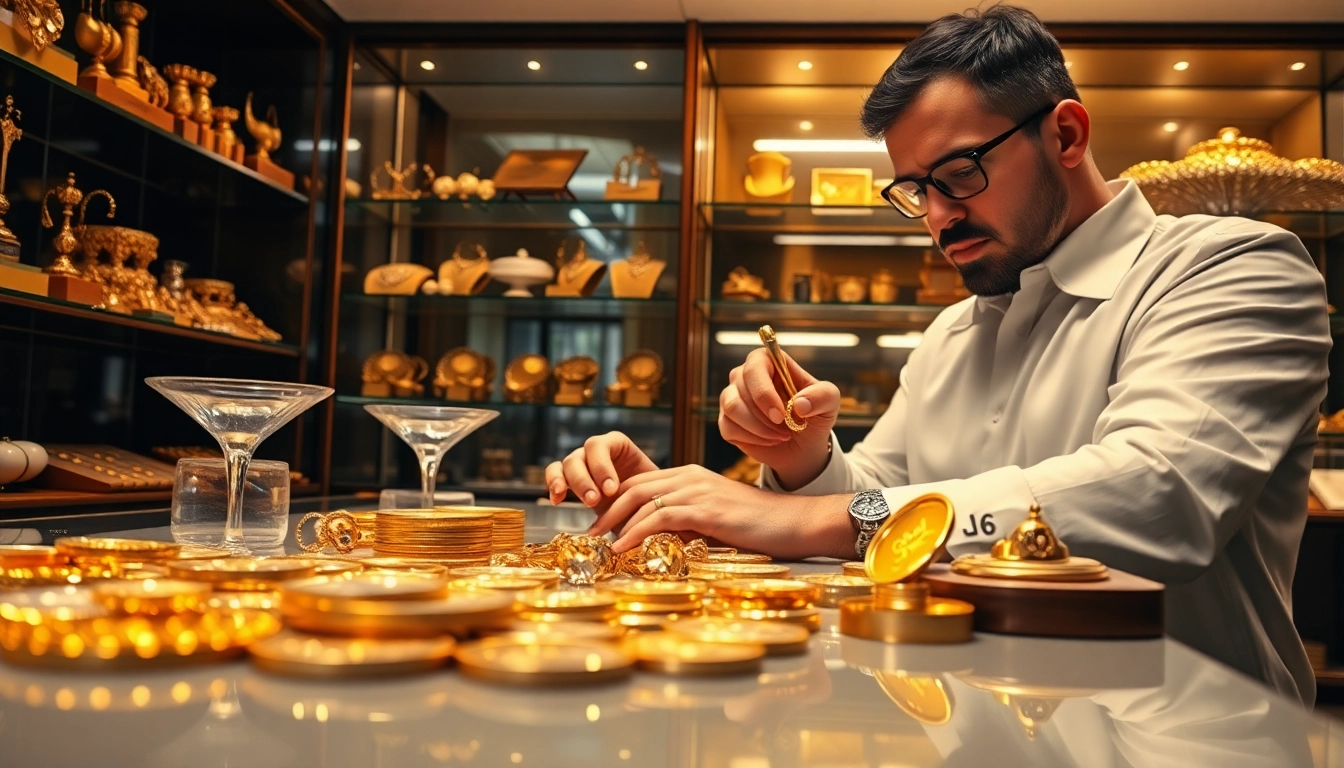 Compro oro: esperto valuta oro e argento in un negozio elegante.