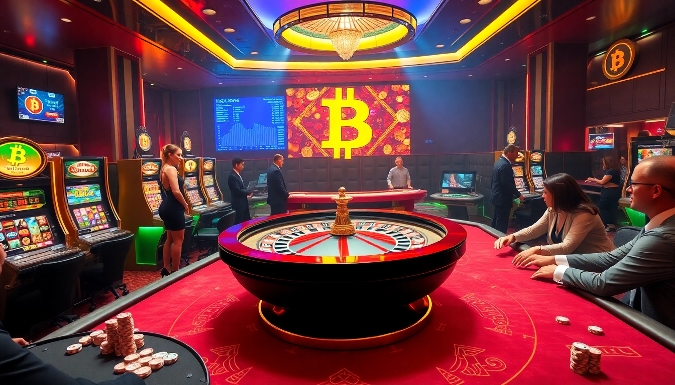 Players enjoying thrilling games at Bitcoin casinos with vibrant slot machines and poker tables.